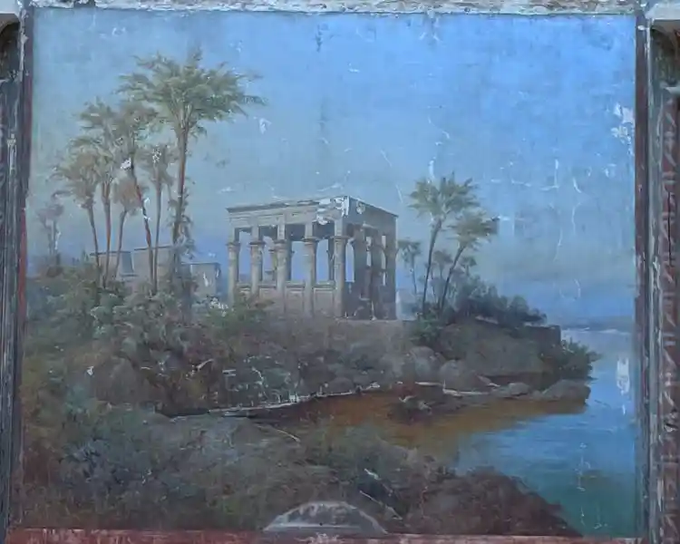 Landscape painting depicting the Kiosk of Trajan at Philae by a riverside
